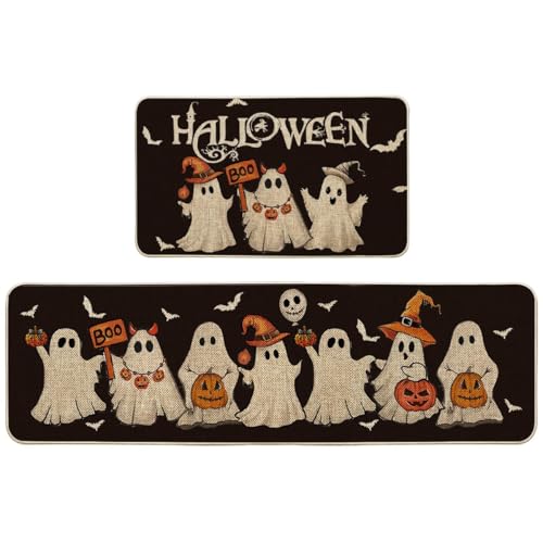 Ghost Bat Halloween Kitchen Mats Set of 2 - Black, 17x29 & 17x59 Inches