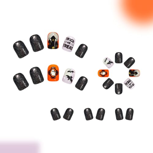 Halloween Press On Nails Short Square Fake Nails with Variation 26 Black Blue