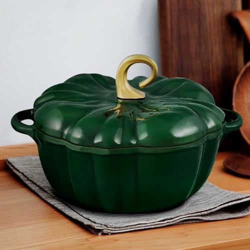 Green Pumpkin Dutch Oven Pot with Lid 3.8 Qt Enamel Cast Iron Fall Decor