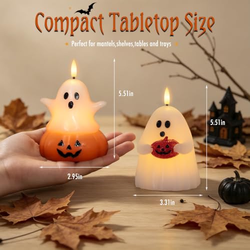 Halloween Ghost Pumpkin Flameless Candle Set - Cute Ghost Decor with Remote - 2 Pack