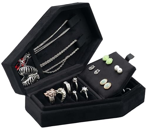 Velvet Coffin Jewelry Travel Case Holder for Gothic Wedding Jewelry Organizer - Black 4 Grid