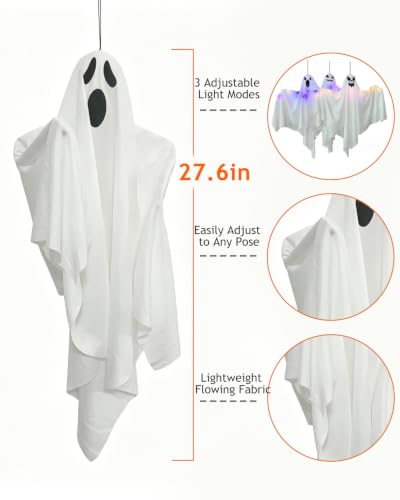 Halloween Hanging Ghost Decorations with String Lights - 3 Pack, 27.6 Inch Outdoor Yard Decor