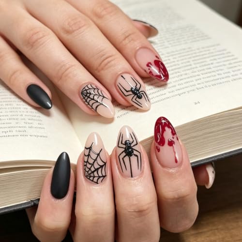 Halloween Press On Nails - Gothic Black Spider Web Almond Fake Nails, 24Pcs