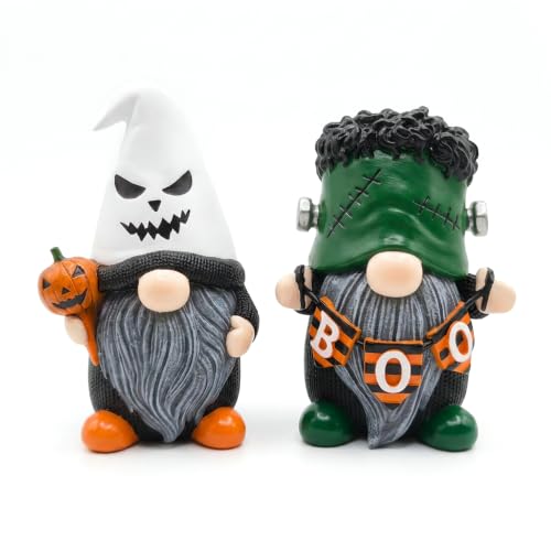 Halloween Gnome Decorations Set - Resin Ghost & Frankenstein Figures, 4-Inch Miniature