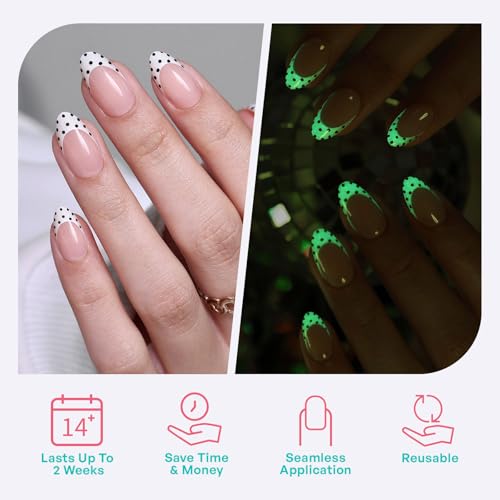 Short Almond Press-On Nails - Glow In The Dark Polka Dot French Nails 4D Luminous Dottie