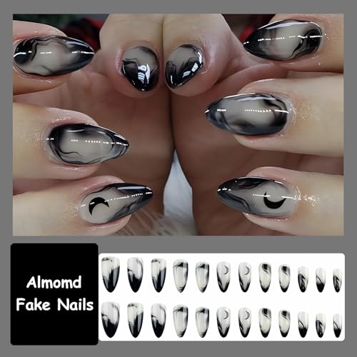 Press On Nails Medium Almond Goth Black Moon Design - 24 pcs with Glue - Variation 10701Black