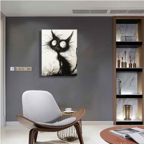 Black Cat Canvas Wall Art - Gothic Spooky Feline Painting for Halloween Decor - Wrapped 24"L x 16"W