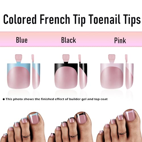 Pink-Blue-Black French Tip Toe Nail Press Ons - Square, 180pcs, 3 Colors with Variations
