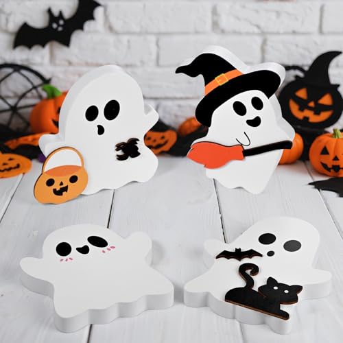 Halloween Wooden Decor Set - Ghost and Pumpkin Signs, Ghost C Variation, Indoor Fall & Holiday Table Decorations