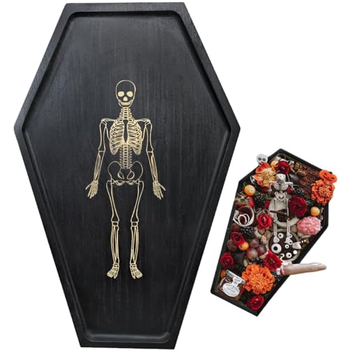 Coffin-Shaped Halloween Serving Dish Tray - Skeleton Engraved Wood Platter - Gothic Decor & Party Serveware