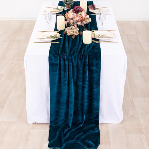 Peacock Blue Velvet Table Runner - Fall Boho Wedding Home Decor - 10ft