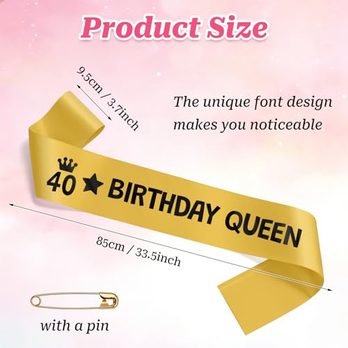 40th Birthday Sash for Women Men - Happy 40th Party Decorations Gift