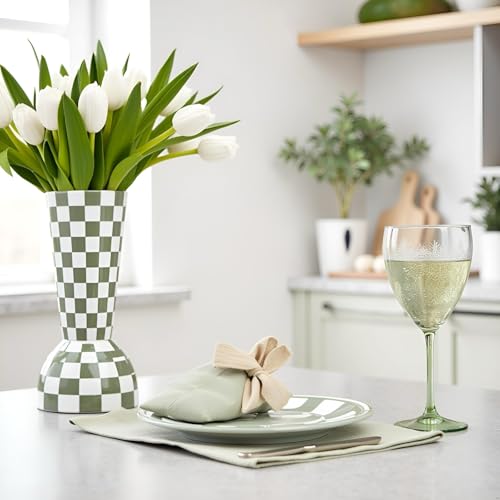 Sage Green Checkered Vase - Modern Ceramic Flower Vase for Home Decor & Centerpieces