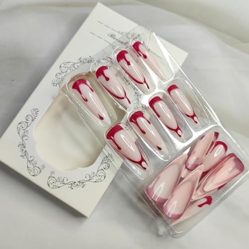 Halloween 24PCS Press On Nails Long Stiletto Blood Design White Tips - Variation Halloween12