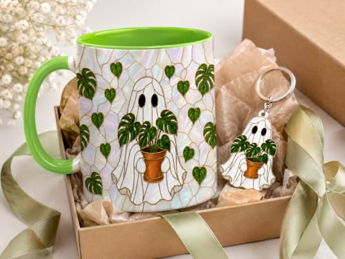 Ghost Plant Mug 11 Oz with Keychain - Halloween Plant Lover Gift - Cute Spooky Coffee Cup for Women