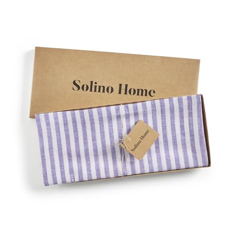 Linen Table Runner 14x48 Inch - Violet & White Stripes, Handcrafted, Medium Size