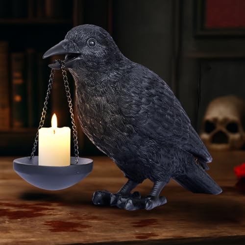Gothic Crow Candle Holder - Raven Tealight Lamp for Halloween Decor, Black Resin Bird Statue