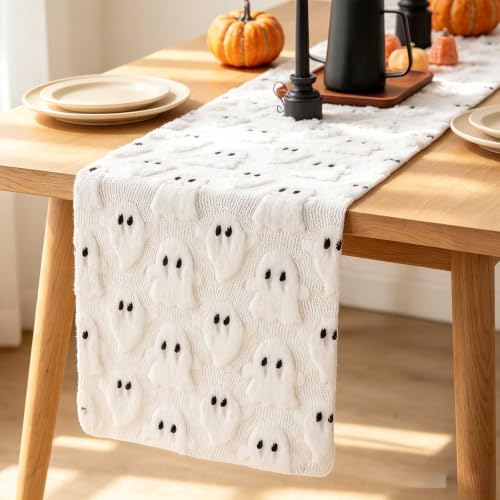 Halloween Decor Table Runner White Faux Fur Ghost 13x72 Inches - Variation: White Ghost