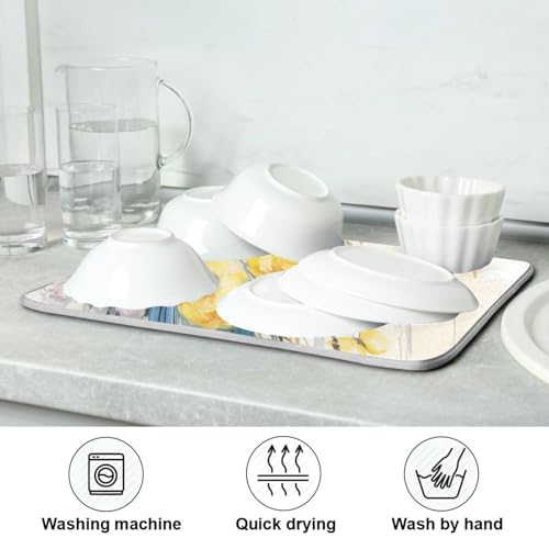 ALAZA Blue Bird with Yellow Flowers Dish Drying Mat - 16 x 18 Inch Kitchen Counter Protector