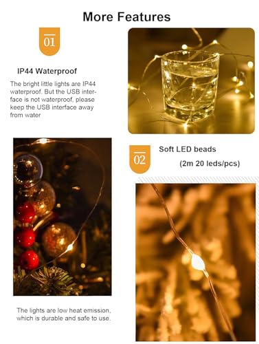 USB Powered Fairy String Lights - Warm 2m 20 LEDs for Desk Office Christmas Party Decoration - Variation of Warm / 5