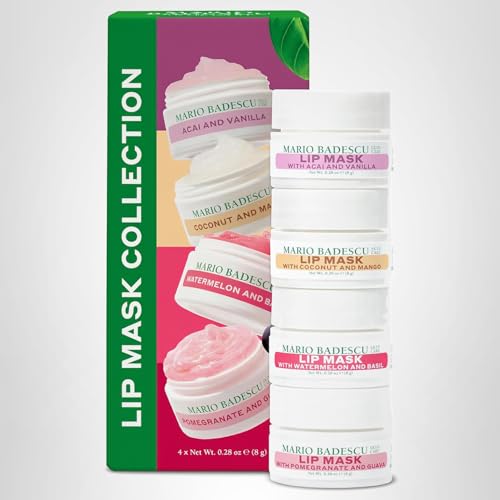 Mario Badescu Lip Mask Collection Gift Set – 4 Pc Hydrating Lip Masks for Dry Lips in Acai Vanilla, Watermelon Basil, Coconut Mango & Pomegranate Guava – Overnight Moisture & Nourishing Care