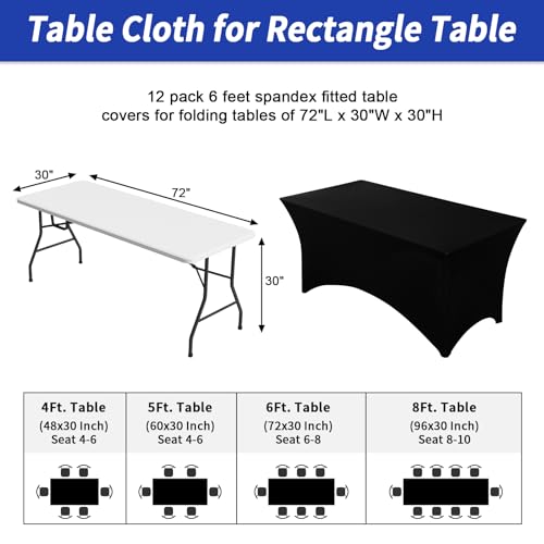Black 6Ft Spandex Fitted Tablecloth Set - 12 Pack for Rectangle Tables - Washable & Wrinkle-Resistant