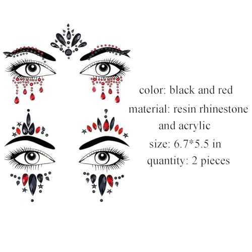 A-2p Halloween Face Jewels Gems Rhinestone Crystal Body Stickers - Black & Red