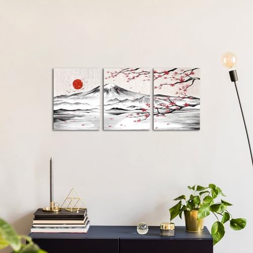 Japanese Cherry Blossom Mount Fuji Canvas Wall Art Set - 12x16 Inches, 3 Pieces