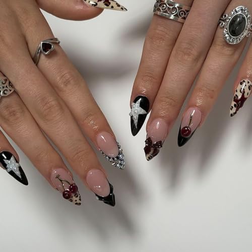 Press On Nails with French Cherry Leopard Design - Almond Fake Nails 24PCS