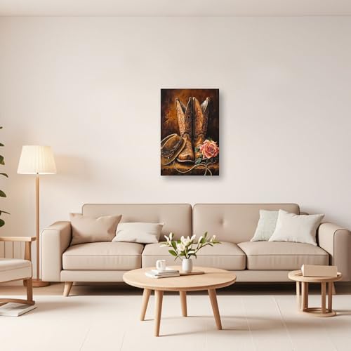 Brown Cowboy Boot Wall Art Canvas - Rustic Farmhouse Bedroom Decor 18"L x 12"W