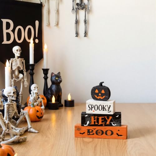 Halloween Wooden Block Decor Set - Spooky Boo Variant, Jack-O'-Lantern Pumpkin