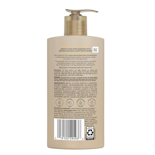 Jergens Natural Glow Hydra Gel Moisturizer, Hyaluronic Acid Tanning Lotion, Hydrating Tanning Gel, Fragrance-Free Self Tanner, Fair to Medium Skin Tones, 8.3 Fl Oz