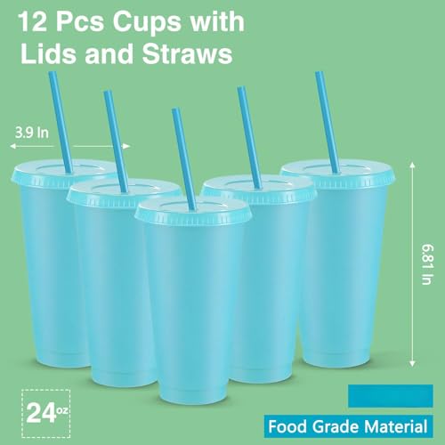 Reusable Plastic Cup with Lid and Straw - 24 oz Blue, Set of 12