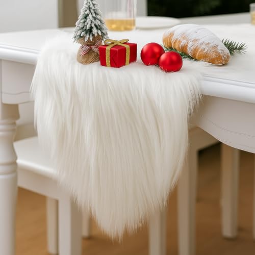 White Faux Fur Table Runner 11.8x59 Inch for Christmas Dining Decor - Snow White