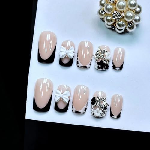 Colorful 8-Piece French Tip Press-On Nails Short Square Fake Nails with Bow Flower Rhinestones