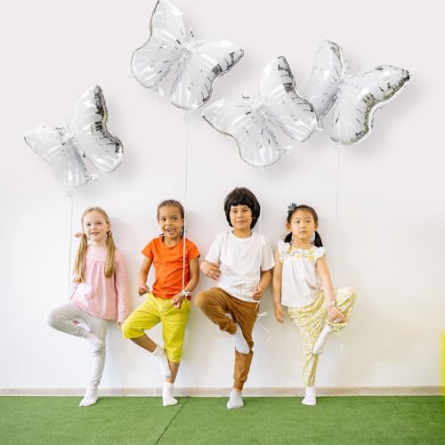 Silver Butterfly Balloons - 4 Pack Helium Foil Decorations for Wedding Birthday Baby Shower