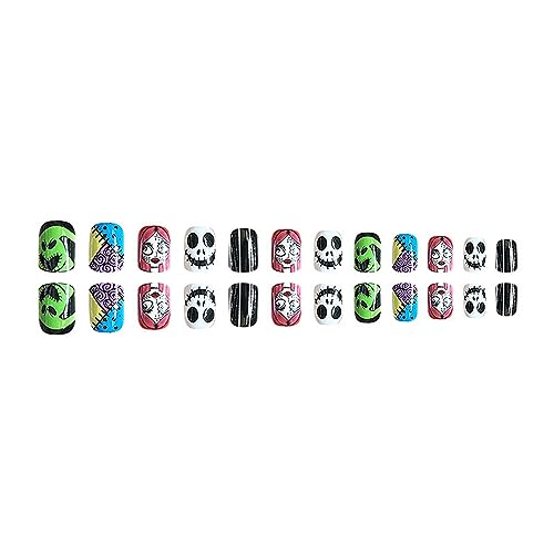 Halloween Short Press-On Nails with Witch Patch & Scary Face Design - Style14, 24pcs