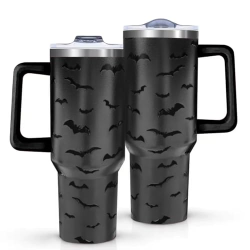 40oz Halloween Bat Print Stainless Steel Travel Mug with Handle & Straw