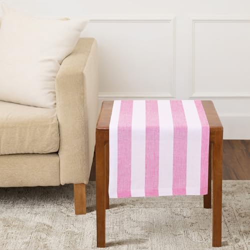 Pure Linen Table Runner 14x36 Inches Pink & White Stripe - Handcrafted, Machine Washable