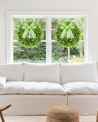 18 Inch Artificial Boxwood Wreath for Front Door Wall & Window Decor - Green Bow, All-Season Holiday Indoor Outdoor