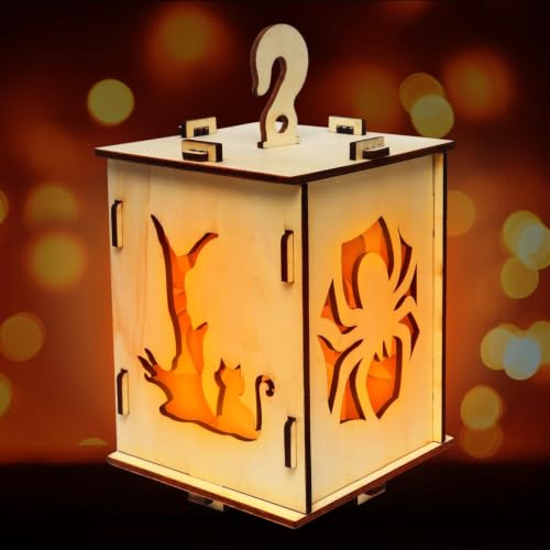 Halloween Wooden Lantern Box with Spooky Cat & Spider Cutouts - Rustic Candleholder Decor