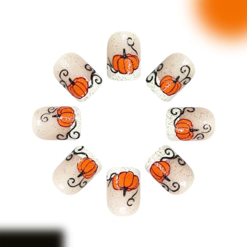 Maple Leaf Pumpkin Glitter French Tip Press On Nails - Autumn Theme, 24Pcs