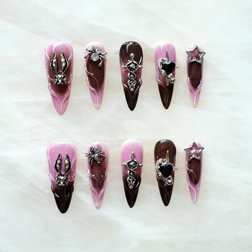 Pink Black Bunny Gothic Press-On Nails - Ombre Stiletto with 3D Halloween Charms - Small, LS