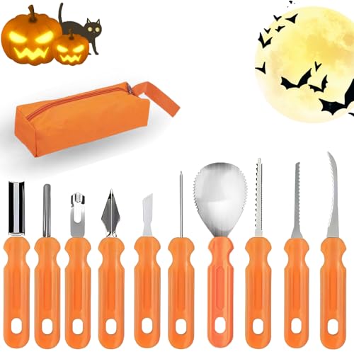 Pumpkin Carving Kit with 10 Heavy Duty Stainless Steel Tools & Carrying Case - Halloween Decoration