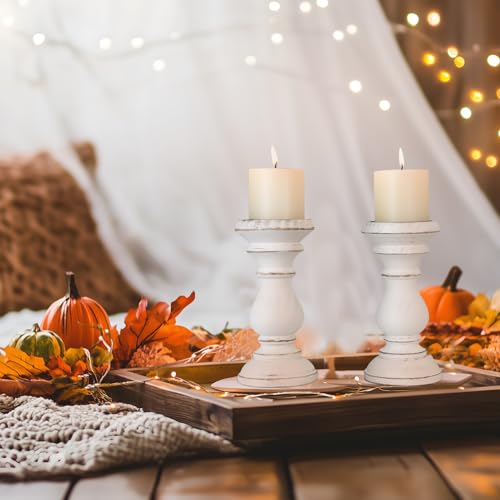 Antique White Wooden Candle Holders Set of 2 for Pillar Candles - Farmhouse Rustic Decor