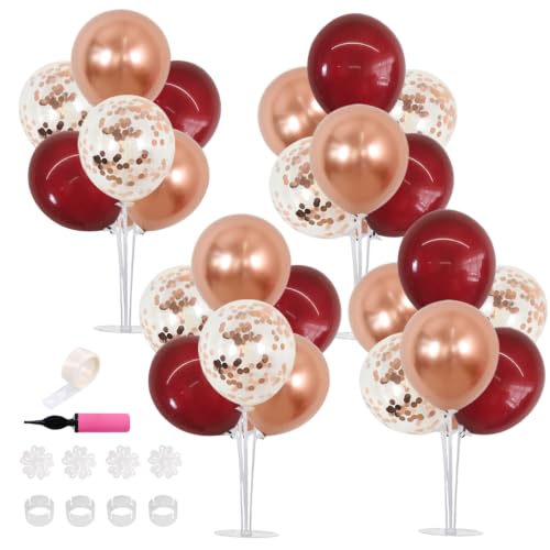 Burgundy Rose Gold Balloon Stand Centerpieces Set - 4 Reusable Table Decorations with Balloons