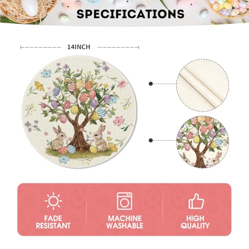 14 Inch Round Easter Placemat Set of 4 - Bunny Rabbit Egg Tree Flowers