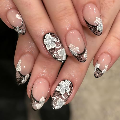 Black Lace French Tip Press-On Nails with White Flower Design - Lace Variation
