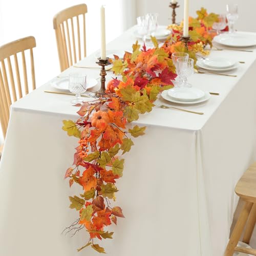 Fall Decor Artificial Maple Leaf Pumpkin Garland - Yellow Pk 6FT Autumn Thanksgiving Halloween