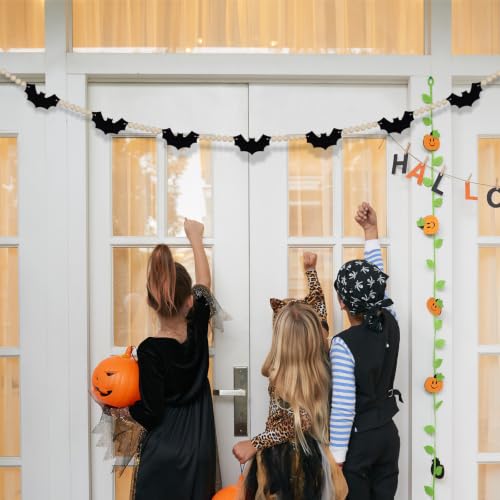 Halloween Felt Bat Garland with Wood Beads - Mantel Decor, Spooky Rustic Halloween Decoration - Bat Variation